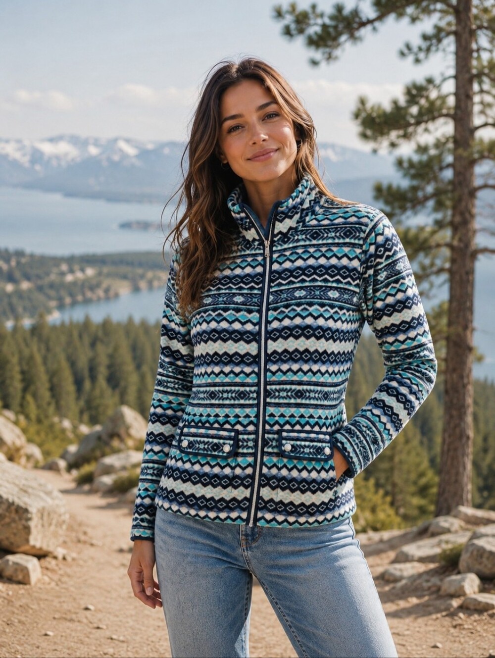 Talbots Womens Far Isle Print Full Zip Fleece Jacket Size Petite Small Outdoor